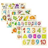 Puzzle de Madera Infantil de Animales Letras Número Vehículo Verduras para Bebes 1 2 3 4 año, Rompecabezas Aprendizaje Temprano Juego Montessori Educativo Juguetes (5 Piezas)
