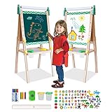 एडजस्टेबल हाइट और पेपर रोल वाले लड़कों और लड़कियों के लिए दो-तरफा चित्रफलक | रंगीन चुंबकीय अक्षरों और गणित के खेल के साथ 4 बच्चों के चुंबकीय व्हाइटबोर्ड में 1 | लकड़ी शैक्षिक खेल
