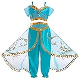 JK Disfraz de Princesa Jasmine con Lentejuelas para niñas, Vestido de Princesa Aladdin Jasmine para Fiesta de Halloween para niños (110cm)