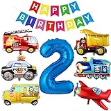 Ohaoduo Decoració de 2º Aniversari, Decoració de 2º Aniversari BAU, Decoració de Aniversari per a Nens de 2 anys, Cotxe de Nen Globus d'Enginyer Vehicle Camió de Bombers Avió