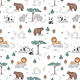 Tissus Couture Enfant 100% Coton - Non Vendu au Mètre - 1m Tissu Coton Enfant Lion Panda Eléphant Flamant Animal Tissu Enfant Vert Gris Marron