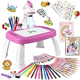 Proyector de dibujos para niños con 72 motivos Proyector infantil con lápices,lápices de colores,álbum de recortes,libro de pegatinas,pegatinas de unicornios,sellos mesa de pintura infantil (pink)