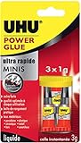 UHU Power Glue, pegamento fuerte instantáneo, pegamento líquido, con caja de almacenamiento antigolpes, minis 3 x 1 g, transparente