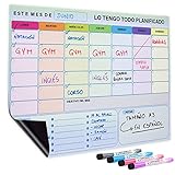 Planificador mensual magnetico - A3 - Calendario magnetico nevera - Pizarra magnetica nevera - 4 marcadores de color - Lista de la compra - Notas - En español