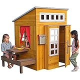 KidKraft Casita infantil moderna de madera con cocina de juguete, mesa y banco para niños y niñas, casita de juego para exterior, jardín o patio (00182)