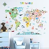 Decowall DAT-1615S Mapa świata Zwierzęta Winylowe naklejki dekoracyjne Ściana samoprzylepna Sypialnia Salon Pokój dziecięcy Pokój dziecięcy Dzieci Niemowlęta (duże) (wersja angielska)
