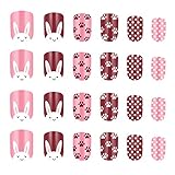 Minkissy uñas postizas de múltiples patrones para niños prensa colorida en las uñas cubierta completa kits de uñas postizas cortas para niñas (patrón 8)