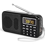 J-725C Radio FM portátil pequeña, radio de batería recargable digital con reloj despertador, linterna LED, tiempo de reproducción ultralargo, reproductor de MP3 AUX Micro-SD Pendrive, de PRUNUS(Negra)
