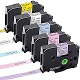 Aken - Cinta de Etiquetas compatible para usar en lugar de P-touch Tze-231 TZe231 12mm, para Brother PT 1000 1010 D210 E550WVP - Negro sobre blanco arcoíris, amarillo/morado pastel, rosa, azul
