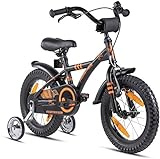 Prometheus - Bicicleta infantil (14 pulgadas, con ruedas de apoyo a partir de 3 a 4 años, 14 pulgadas, modelo BMX 2022, en negro mate y naranja