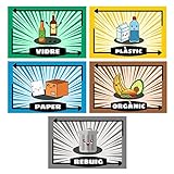 Étiquettes Adhésifs pour le Recyclage des Déchets à Català. Pack de 5 Stickers Kawaii en couleur pour le recyclage et la gestion des déchets - Verre, Plastique, Papier, Bio - Taille de 10 x 6,5 cm