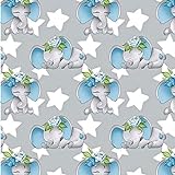 Pingianer Tela de algodón 100 % para niños, por metros, artesanía, tela de costura, diseño de elefante con estrellas azules, 100 x 160 cm