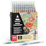 ARTEZA TwiMarker Двухконечные маркеры для надписей | Набор из 48 цветов | Ручки-кисти с тонким наконечником 0,4 мм