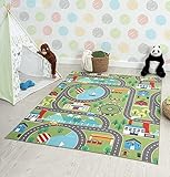 the carpet Happy Life - Alfombra de Juegos para habitación Infantil, Lavable, diseño de Calle, Ciudad, Coche, Verde, 200 x 290 cm