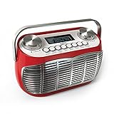 Radio Vintage FM con Despertador, Pantalla LCD, Transistor Radio Retro de Sobremesa (Rojo)