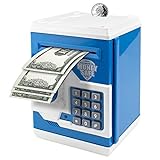 Vommery Hucha para niños de Juguete, Mini Caja Fuerte electrónica para cajero automático Bancos con Bloqueo de contraseña & Desplazamiento automático de Dinero para niños niñas (Azul)