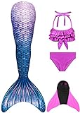 ເດັກຍິງ Mermaid ຫາງສໍາລັບການລອຍກັບ Swimsuit Cosplay Mermaid Princess Fin ສໍາລັບການລອຍກັບ Bikini ແລະ Monofin, ຊຸດ 4 Piece