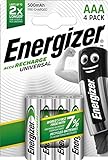 Energizer - Recargables, Pack de 4 pilas AAA 500 mAh, precargada, para dispositivos uso frecuente y cientos de recargas, Color Plata