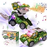 Voiture de transformation de dinosaure avec pulvérisation automatique de brume avec musique et lumière LED, voitures de transformation de dinosaures pour enfants, jouets de voiture de dinosaure pour enfants âgés de 3 à 5 ans