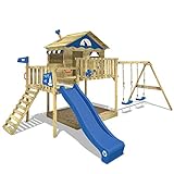 WICKEY Parque infantil de madera Smart Coast con columpio y tobogán azul, Casa de juegos de jardín con arenero y escalera para niños
