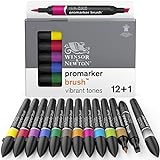 Winsor & Newton Promarker Brush - Set de Rotuladores de Doble Punta, Punta Pincel, Tinta Base Alcohol, 12 + 1 Blender, Colores Vibrantes