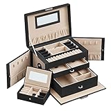 SONGMICS Jewelry Box, Jewelry Organizer with 2 Drawers, Case with Lock and Mirror, Portable Travel Case, ສໍາລັບແຫວນ, ສາຍແຂນ, ສາຍຄໍ, ສາຍແອວ Velvet, ຂອງຂວັນ, ສີດໍາ JBC121B