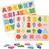ZWOOS træpuslespil 2 stykker farverigt alfabet ABC Bogstaver Tal Former Træpuslespil til førskolebørn, førskolebørn, uddannelse og udvikling