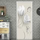 Papel Pintado de Puertas 3D Autoadhesivo Impermeable Vinilos Puertas Pegatinas Para Decorativos Para la Puertas interior del Dormitorio Murales,flor blanca 77 X 200 CM