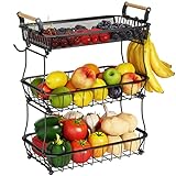 ANTOPY - Cesta de frutas de 3 niveles con 2 perchas de plátano, cuenco de verduras de malla de metal para mostrador de cocina, soporte negro