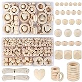 HASUDEI 416 Pieces Wooden Beads Set Crafts Natural Wood Beads 7 Types Round Wood Beads 8mm 10mm 12mm 15mm 16mm 20mm Round Wood Hoops 30mm 40mm Includes 20M Cotton Rope