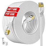Cable Ethernet 50 metros, Cat 7 Cable de Red 50 metros Exterior Largo, Cable Internet Plano RJ45 Cable Cat 7 50m Cable Lan Alta velocidad 10000 Mbits S/FTP Impermeabile, para Router Switch (50 clips)