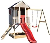 Wendi Toys M9 | Casa de Madera para Jardin | Casa niños con tobogan de plastico y Columpios | Juegos de para Exteriores | Parque Infantil Jardín | Jugar Aire Libre Diversión | 3-7 años