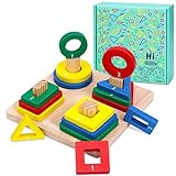 Japace Juguetes Montessori Apilables Educativos, Formas Geométricas Madera Juguete Bloques de Construcción, Geométrico Apilar y Clasificar Juegos para Encajar Apilador para Niños Niñas Bebés 2 3 Años
