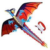 Touchez le ciel Mis à jour Classic Dragon Kite Facile à installer 55 x 62 pouces Cerfs-volants pour enfants. Livré avec poignée et lignes