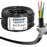 Cable de plástico para manguera, cable redondo H05VV-F 3 x 1,0 mm2 3G1 (mm2) – Color: Negro 5 m/10 m/15 m/20 m/25 m/30 m/35 m/40 m/45 m/50 m/55 m/60 m, etc. hasta 100 m en 5 metros pasos a elegir