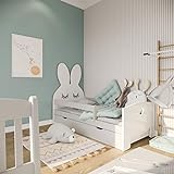 (140x70, gris) NeedSleep cama niño infantil con colchón | 140x80 160 x80 | montessori 2 años | cama con cajones | cama bebe cabeceros infantiles | barrera cama | cama niña cama niño | conejo liebre
