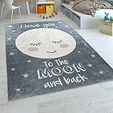 Paco Home Alfombra Habitación Infantil Niña Lavable Estrellas Luna Adorable Frase Gris, tamaño:120x160 cm