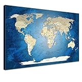 LanaKK - mapamundi con Corcho para Fijar los destinos - „Mapa del Mundo OCÉANO Azul“ - Español - Lámina sobre Bastidor Camilla en Azul, Enmarcado en una Parte de 120 x 80 cm