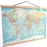 Mapa Mundi Pared Grande - Impreso Tela 370gr/m2 con Textura/Lienzo - Mapamundi Tamaño 97x65,4cm - Mapa del Mundo Gigante con Textos en inglés - Cuadro Mapa Mundi Pared Grande