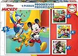 Educa - Progresivos Mickey and Friends 4 Puzzles progresivos de cartón con 12-16-20-25 Piezas Cada uno Medida aproximada de Cada Puzzle 16 x 16 cm A Partir de 3 años (19294)