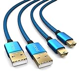 2 x 4m de cable de carga para el controlador PS3, cable USB a Mini USB largo, cable trenzado (trenzado), chapado en oro, azul/negro