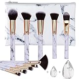HEYMKGO Makeup Brushes Set, 10 Pieces Professional Makeup Brushes with Makeup Sponge, Marble Makeup Brushes Set for Foundation, Powder, Blush, Concealer with Cosmetic Bag