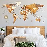 Mapa del mundo de madera para decoración de pared – multicapa de madera teñida multicolor, nombres grabados – efecto único 3D, para sala de estar, oficina, dormitorio L150 Traveler 150x75 cm