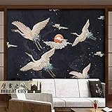 Papel pintado de grúa japonesa de estilo japonés, papel pintado de grúa blanca con sistema oscuro oscuro de estilo japon Pared Pintado Papel tapiz 3D dormitorio de estar sala sofá mural-300cm×210cm