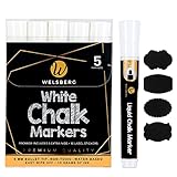 Welsberg 5x White Liquid Chalk Markers with 5mm Bullet Tip, Liquid Chalk Markers for Blackboards, Windows, Glass, Chalk Marker Pen with 16 Labels and 5 Tips, ຫມຶກ 10 ກຣາມ