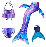 Cola de Sirena para Natación Traje de Baño 4pcs Mermaid Bikini Establece para Niña Disfraz de Sirena Princesa Cosplay Conjuntos con Monofín