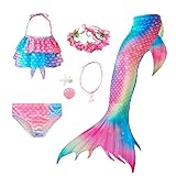 Kumkey 6 Pezzi Costume da Bagno Coda di Sirena per Ragazze, Set Bikini a Sirena con Collana di Ghirlande di Testa, Costume da Sirena in Maschera da Bambina, Senza Monopinna (GB61,150)