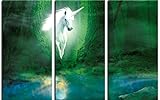1art1 Unicornios Póster Impresión En Lienzo Unicornio En Bosque Mágico Verde, 3 Partes Cuadro En Bastidor De Camilla De Madera | Mural XXL | Imagen 180x120 cm