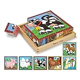 मेलिसा और डौग लकड़ी का पहेली क्यूब 16 टुकड़ों के साथ, 6 अलग-अलग फार्म जानवरों के साथ पहेली, लकड़ी के खिलौने, विकासात्मक खिलौना