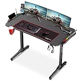 Dripex Mesa Gaming RGB con Tablero de Fibra de Carbono, 110 x 60 x 75 cm Gaming Desk con Soporte para Tazas y Auriculares, Patas Regulables, Negro